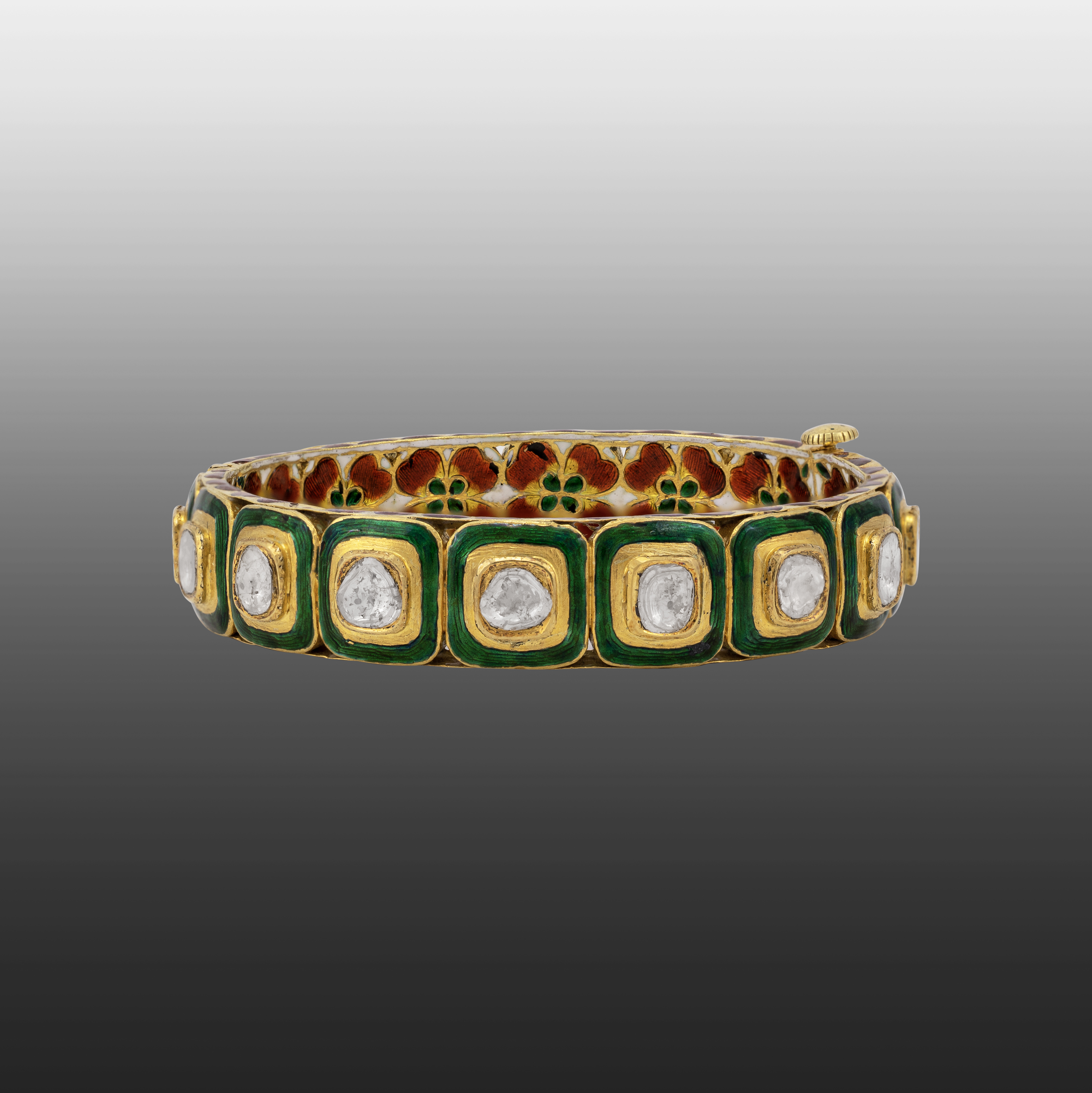 Green Enamel Polki Bangle with Floral Detailing Innerside